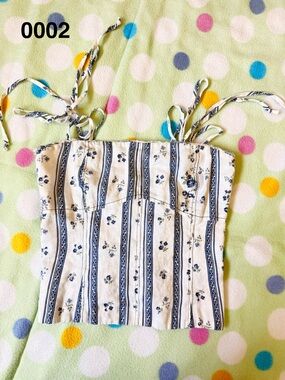 Reformation White and Blue Textured Linen Crop Top